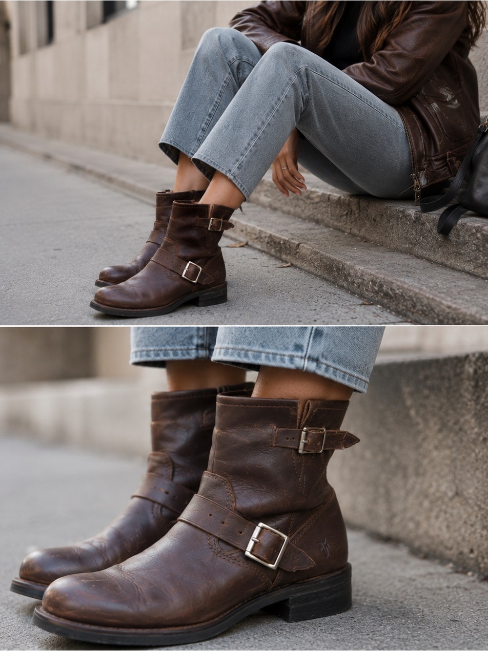 Frye Harness 8R ($458) Brown Distressed Leather Ankle Moto Boots Women Sz 8/8.5